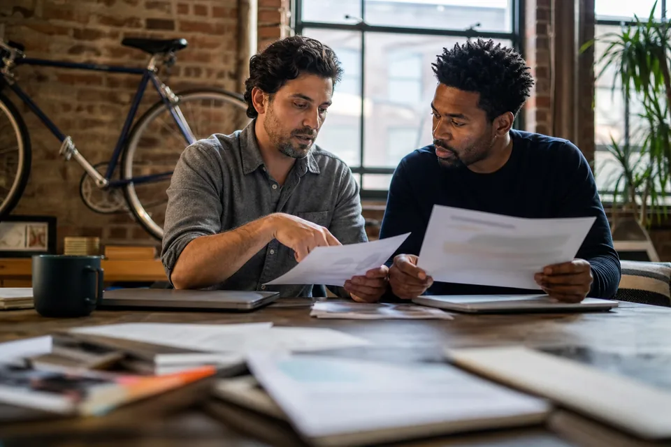 Two co-founders comparing two printed software proposals side by side on a desk