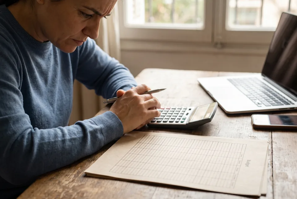 Operations lead adding up software subscription costs with a calculator and printed budget sheet