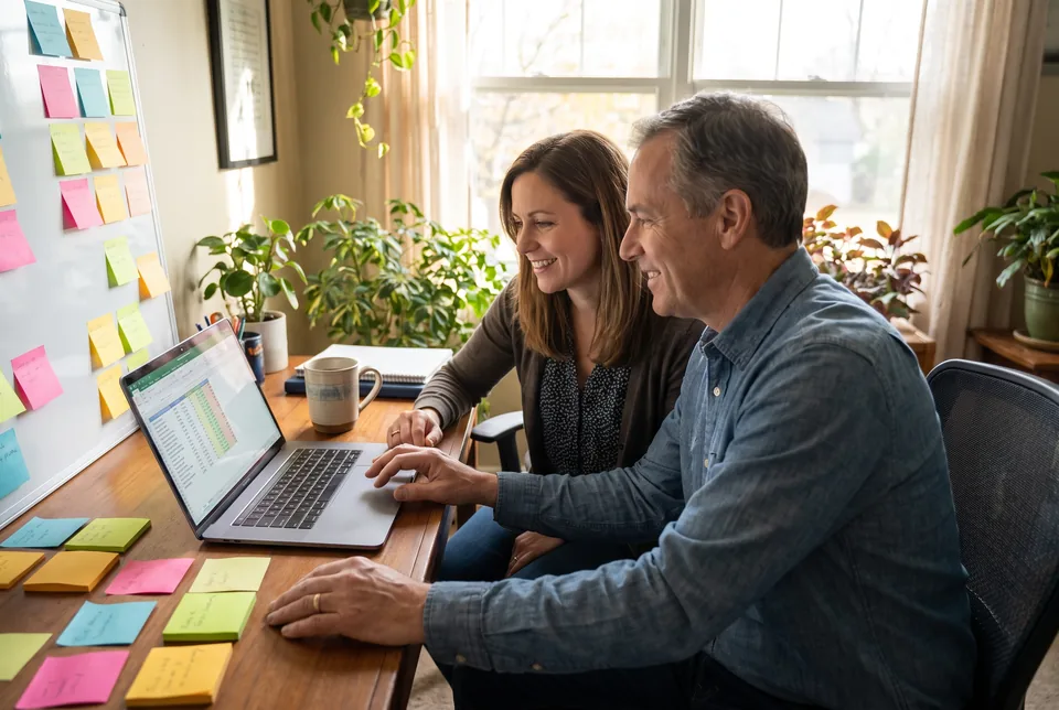 Hiring manager and recruiter reviewing applicants together on a laptop in a small office