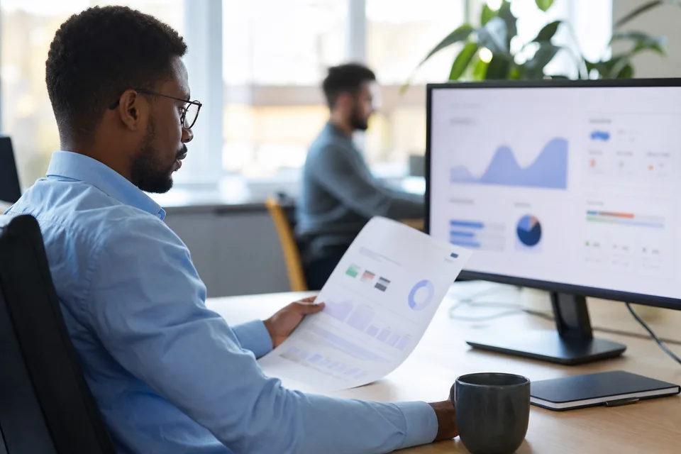 Revenue operations manager reviewing monthly software usage and spend at a desk