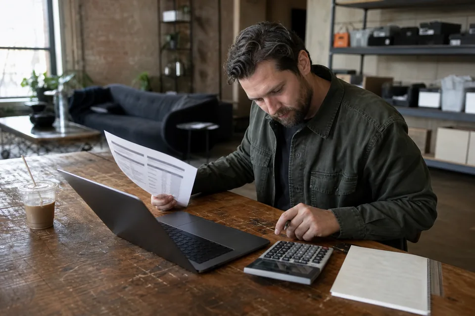 Startup founder reviewing a recruiting software quote with a calculator at a wooden table