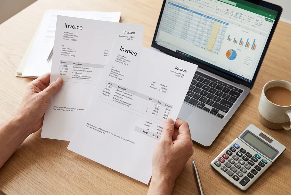 Business owner comparing annual and monthly software invoices next to a laptop and calculator