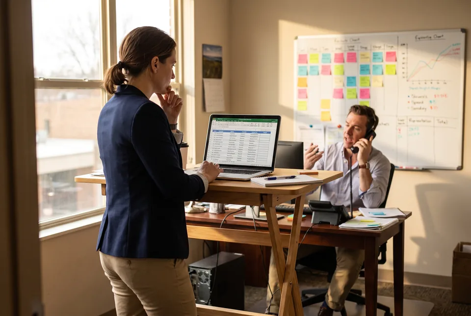 Recruiter at a small staffing agency reviewing a candidate pipeline on a laptop while a colleague is on a call