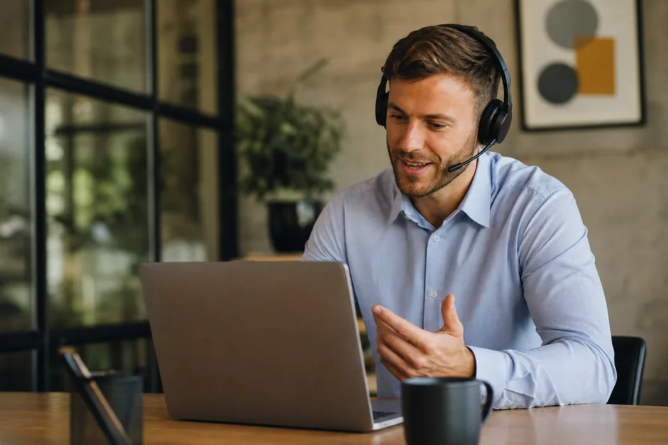 Sales rep wearing a headset on an outbound call at a desk