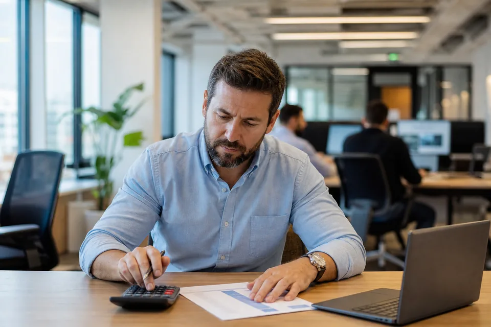 Sales manager reviewing a per-seat software budget with a calculator and a printed sheet