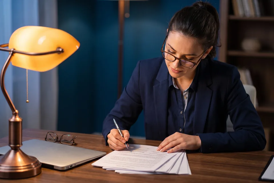 Agency owner reviewing a printed annual software contract at a desk before signing