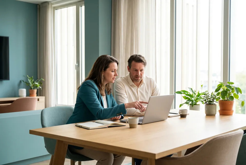 HR manager and recruiter comparing ATS plan options on a laptop in a bright office