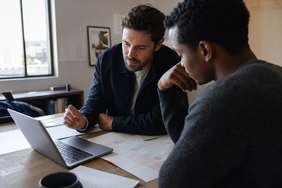 Founder and sales lead comparing a per-seat outreach software budget at an office table