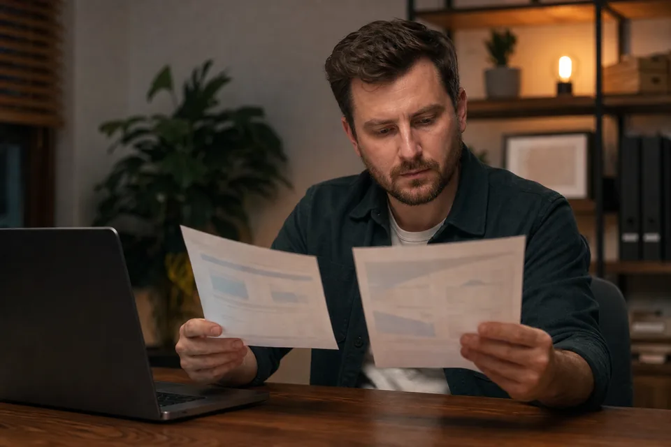Agency founder comparing two software subscription invoices side by side at a desk