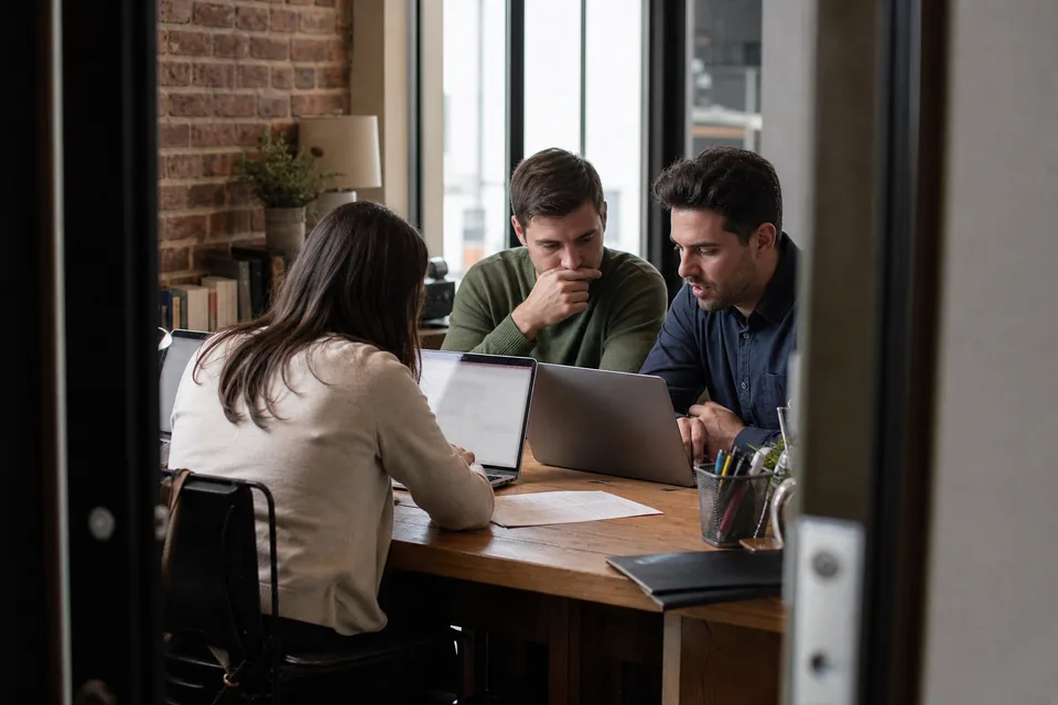 Three sales reps at a shared table building a prospect list together